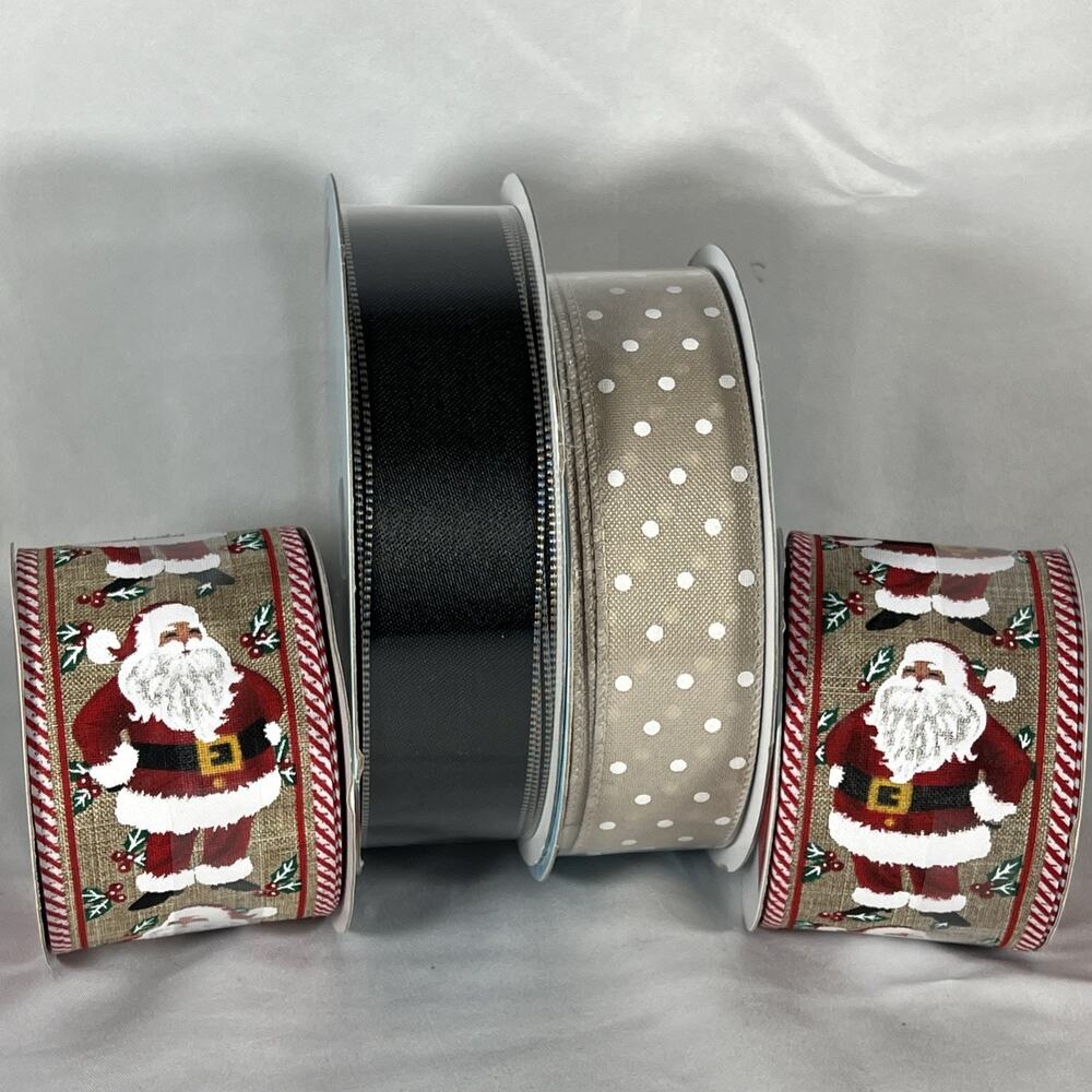 Lot of 4 Christmas Ribbons Kirkland Tan Polka Dot Vintage Santa Black 113 Yards